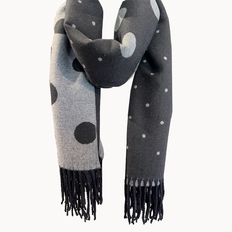 Sciarpa donna double face a pois nero e grigio con frange