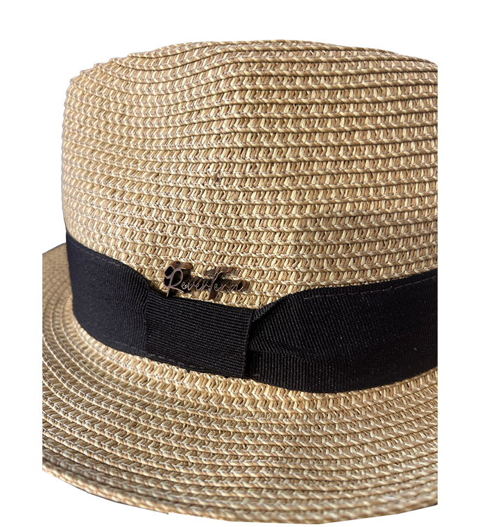 Cappello in Paglia Intrecciata con Nastro Nero Grosgrain