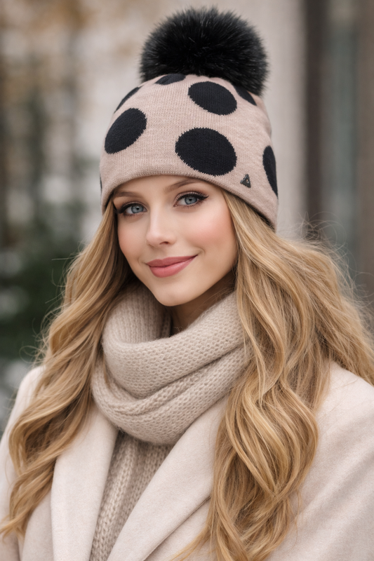 Cappello in maglia con pom pon fantasia pois beige e nero