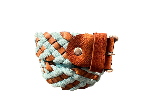 Men's belt in fabric and woven leather tan and aqua green