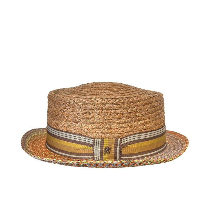 Cappello Pork Pie in paglia intrecciata dai toni giallo e marrone