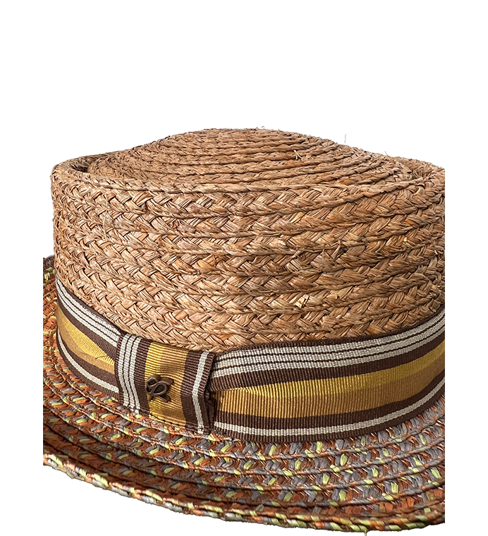 Cappello Pork Pie in paglia intrecciata dai toni giallo e marrone