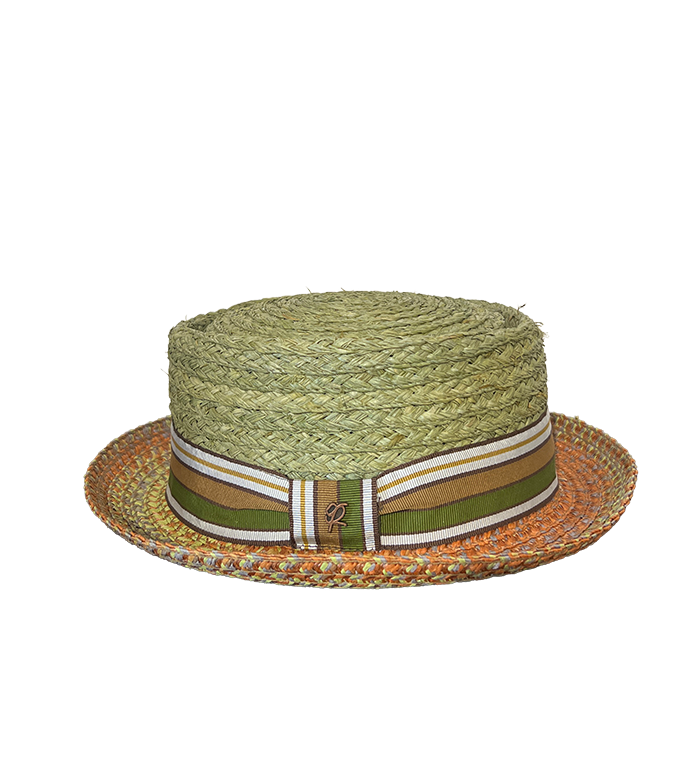 Cappello Pork Pie in paglia intrecciata verde con fascia decorativa