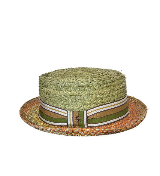 Cappello Pork Pie in paglia intrecciata verde con fascia decorativa - Tentazioni Verona